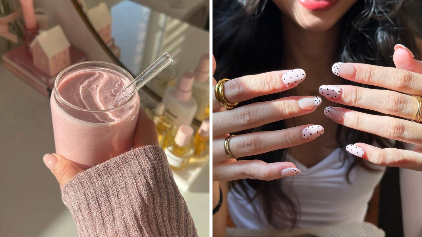 Short oval-shaped nails in soft sheer pink polish hands holding a ceramic mug photographed in soft natural light.