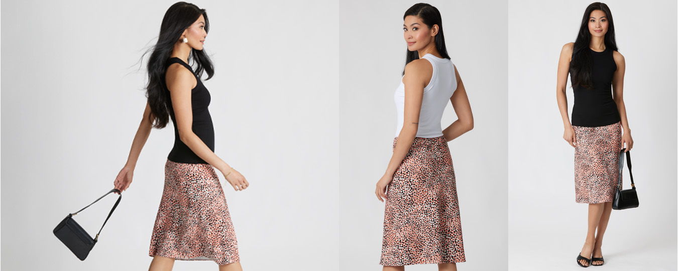 Woman in a floral skirt and tank top, posing from different angles.