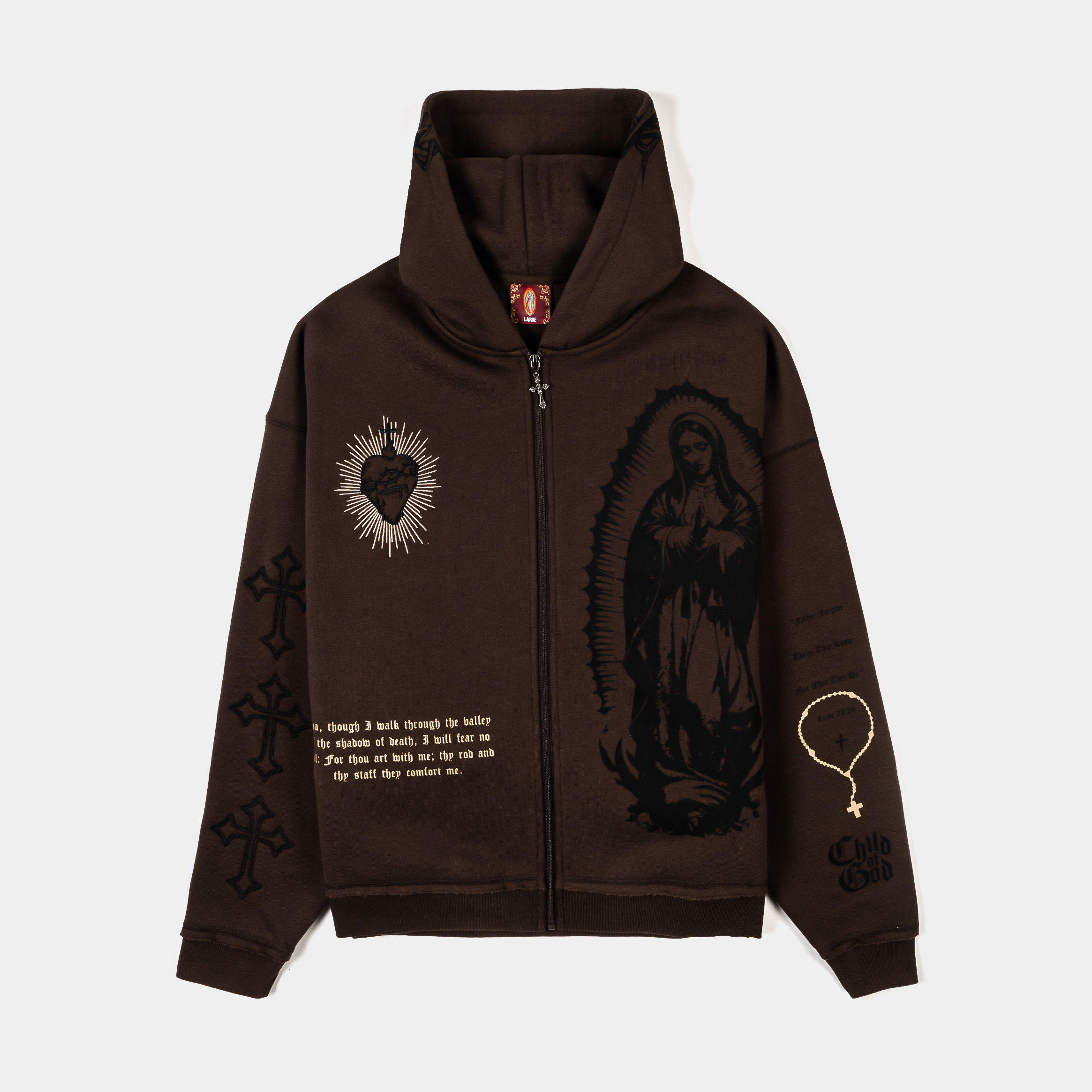 Brown zip-up hoodie with graphic designs and text on front.