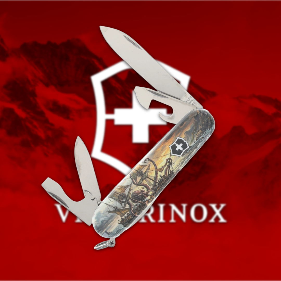 Victorinox Swiss Army knife with multiple tools on a red background.
