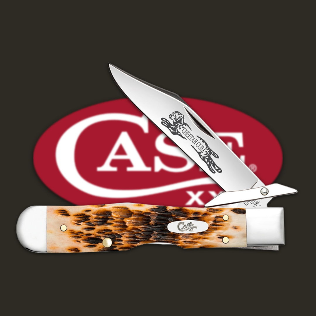 Pocket knife with a silver blade and patterned handle, featuring the Case logo.