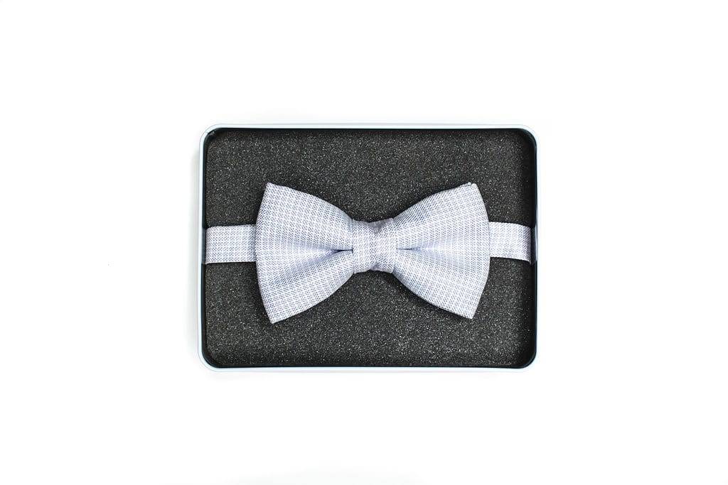 Powder blue check bow tie ready to gift and ship in decorative tin box