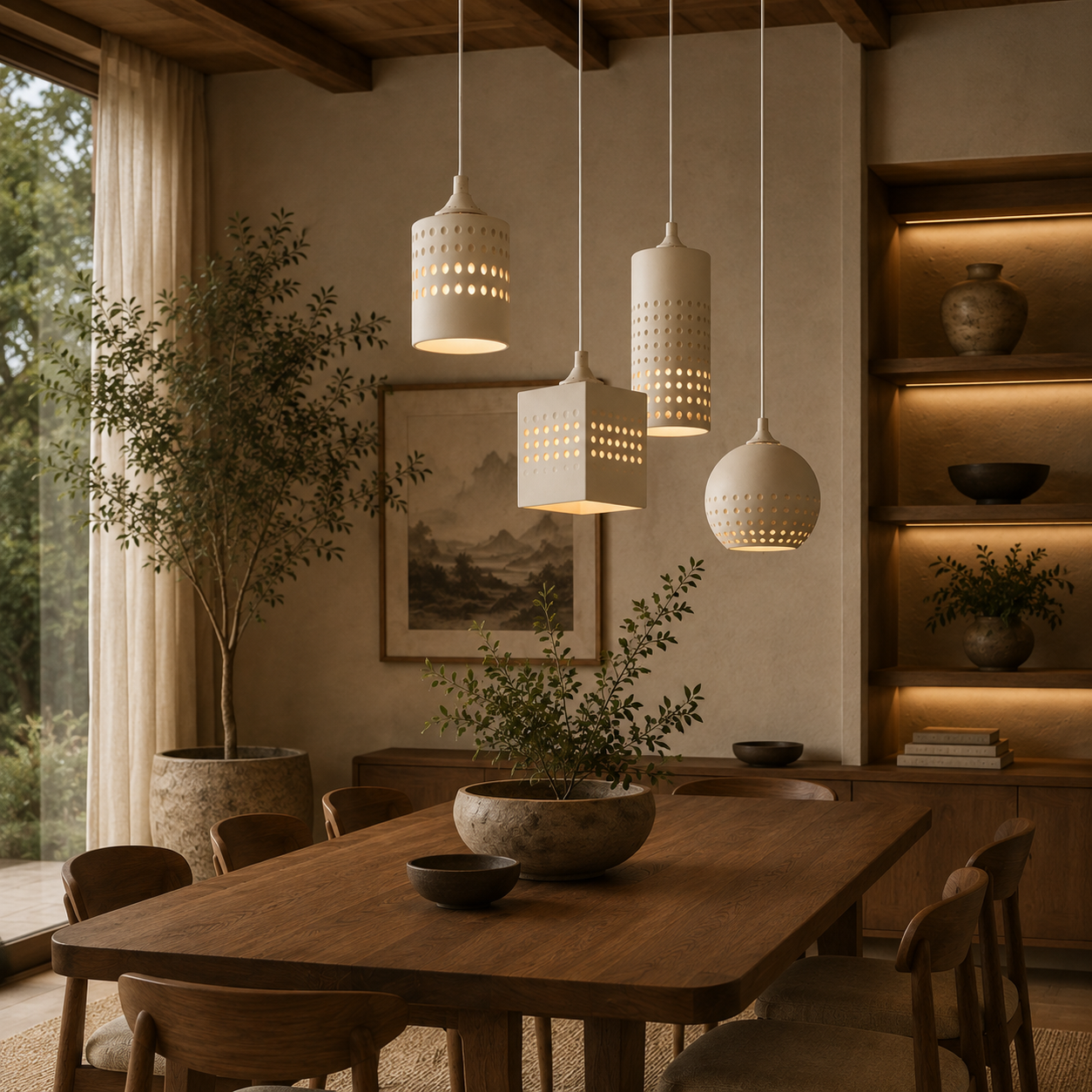A cozy dining area with modern pendant lighting and decorative plants.