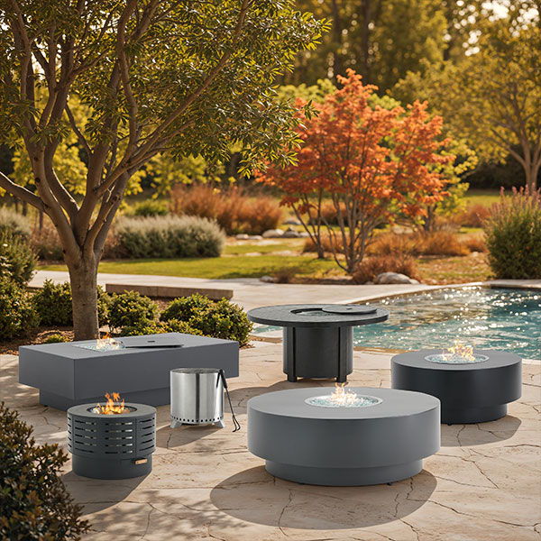 Outdoor seating area with fire pits near a swimming pool and trees.