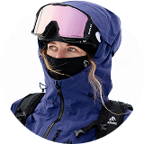 Person wearing snowboard gear and goggles, with snow in the background.