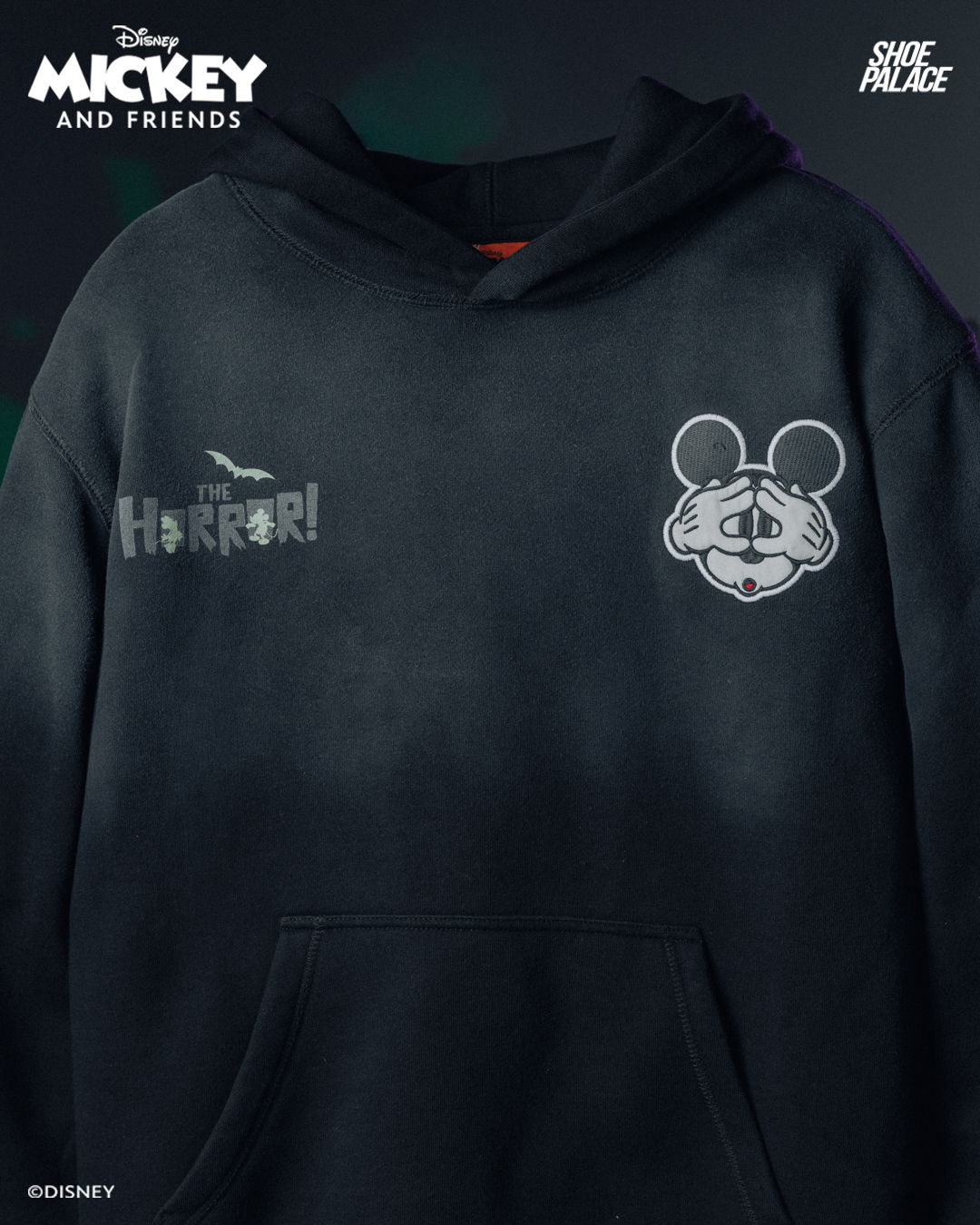 Black hoodie featuring Mickey Mouse graphic and horror text.