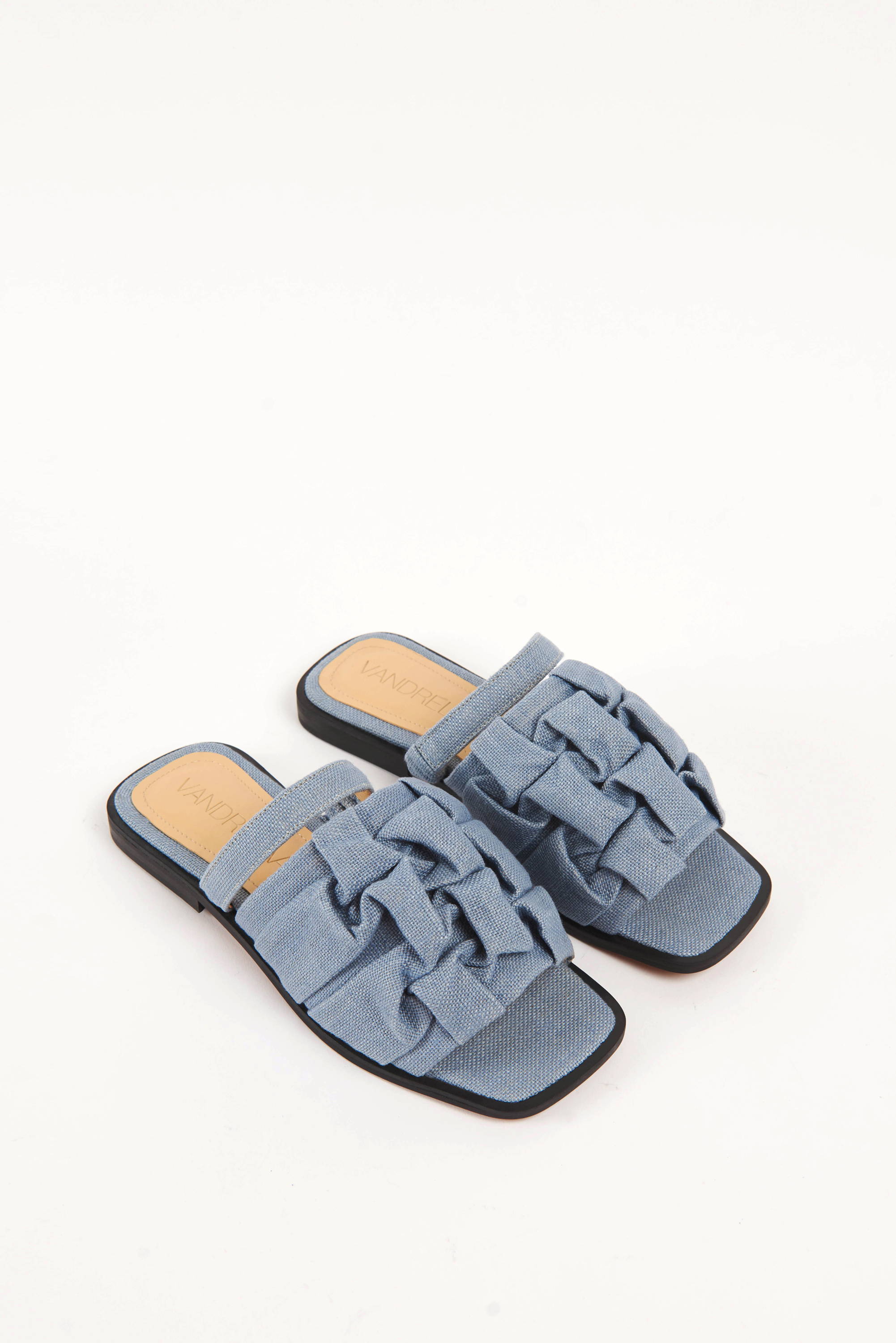 Vandrelaar vegan Simone sandal in  powder blue linen featuring canadian smocking detailing and a square toe