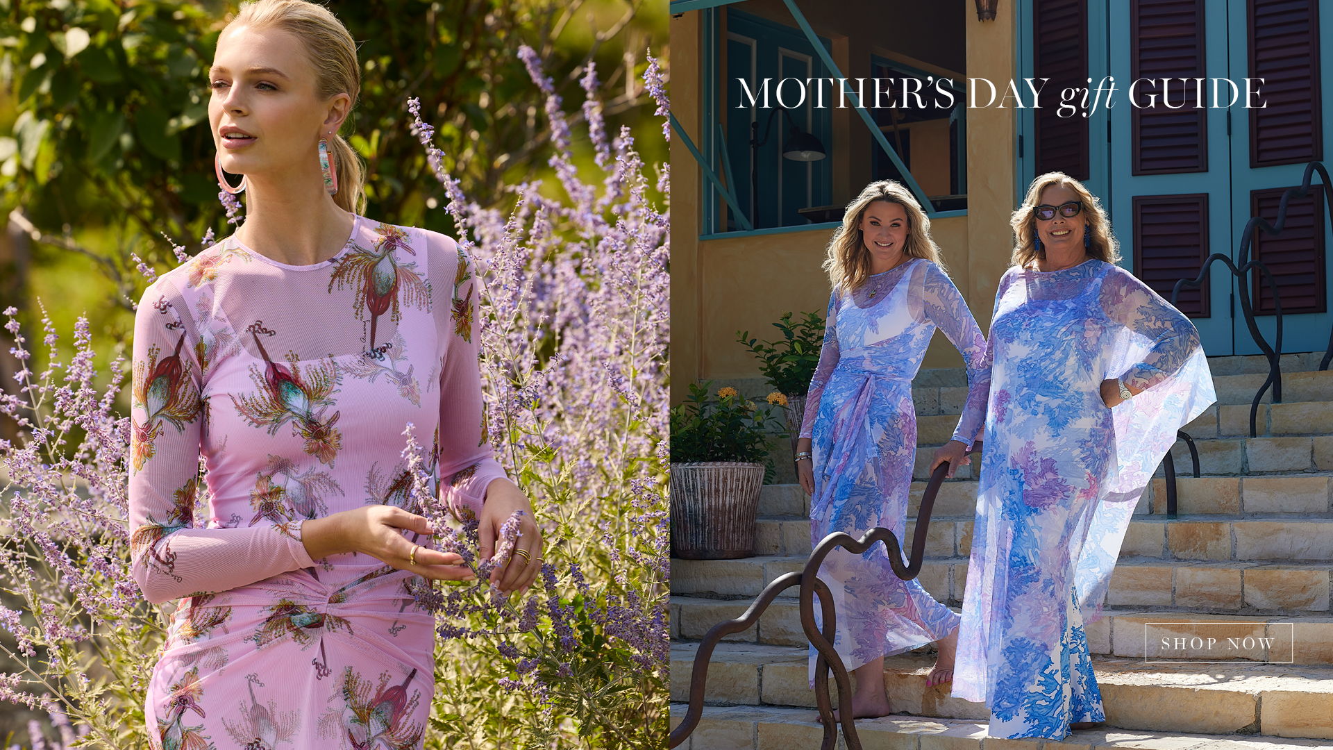 Women in elegant dresses amidst flowers, promoting Mother's Day attire.