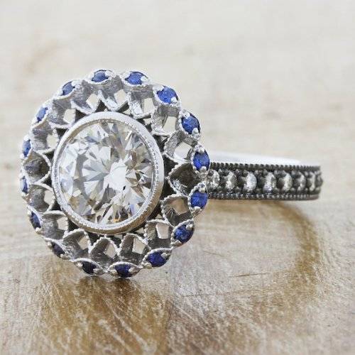 intricate sapphire halo vintage inspired ring