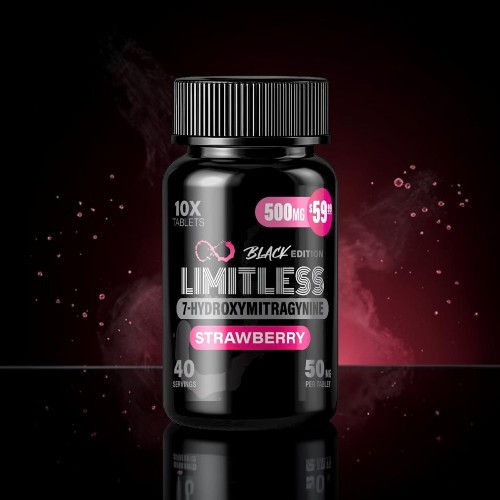 Black bottle of Limitless dietary supplement with strawberry flavor.