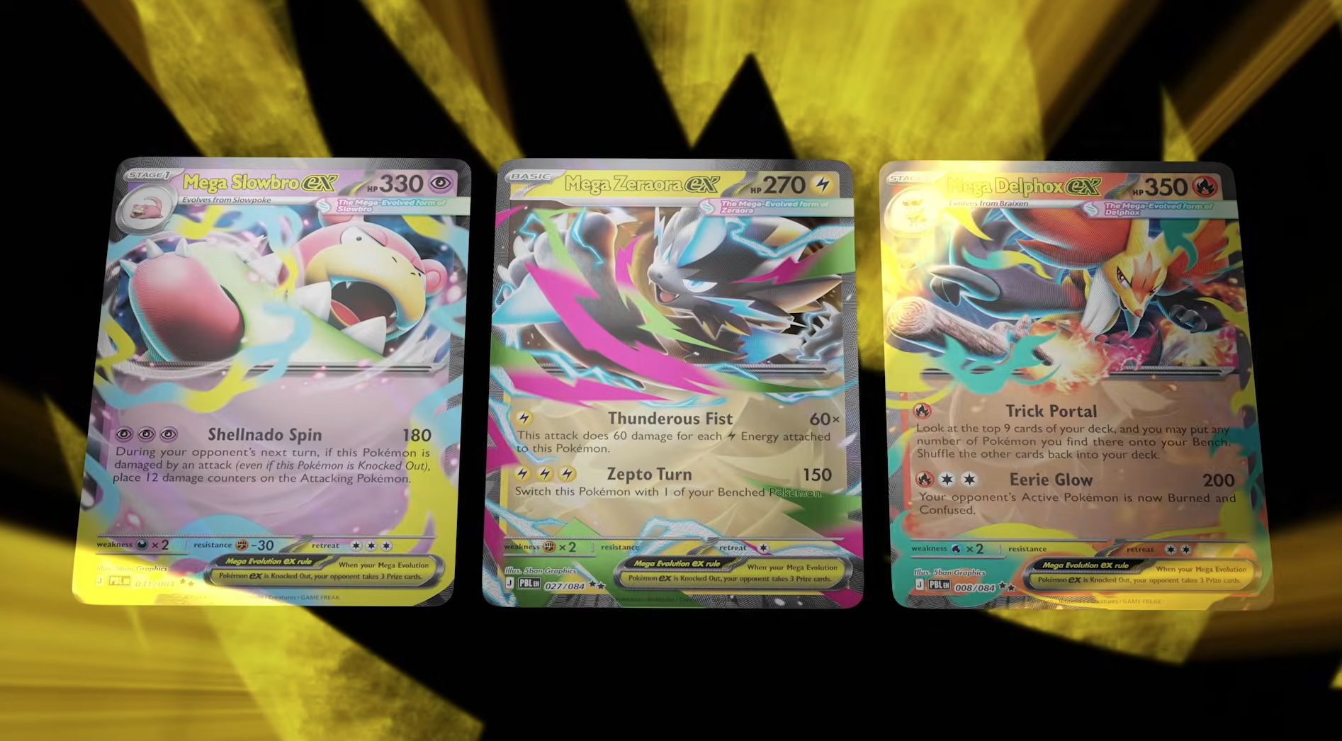 Pokémon Pitch Black Deck-Building Guide - The Mega Zeraora ex Lightning Sprint - Three colorful Pokémon trading cards on a bright background.