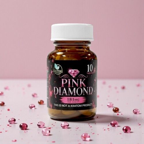 Bottle of Pink Diamond supplement on a pink background with decorative gems.