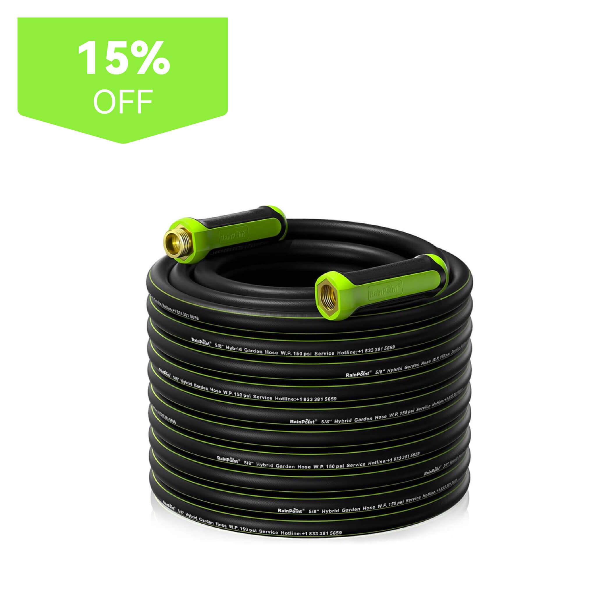 Black garden hose coiled with green connectors, featuring a 15% off label.