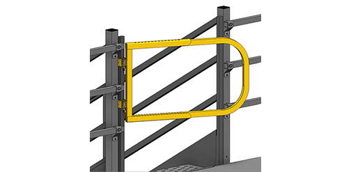Yellow self-closing mezzanine gate use at opening of staircase.