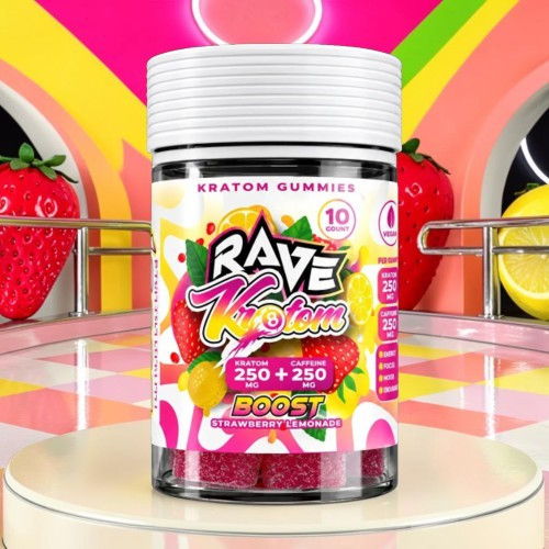 Container of Rave Kratom gummies on a colorful background.