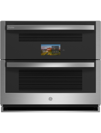Two-in-one oven with a touchscreen display and stainless steel finish.