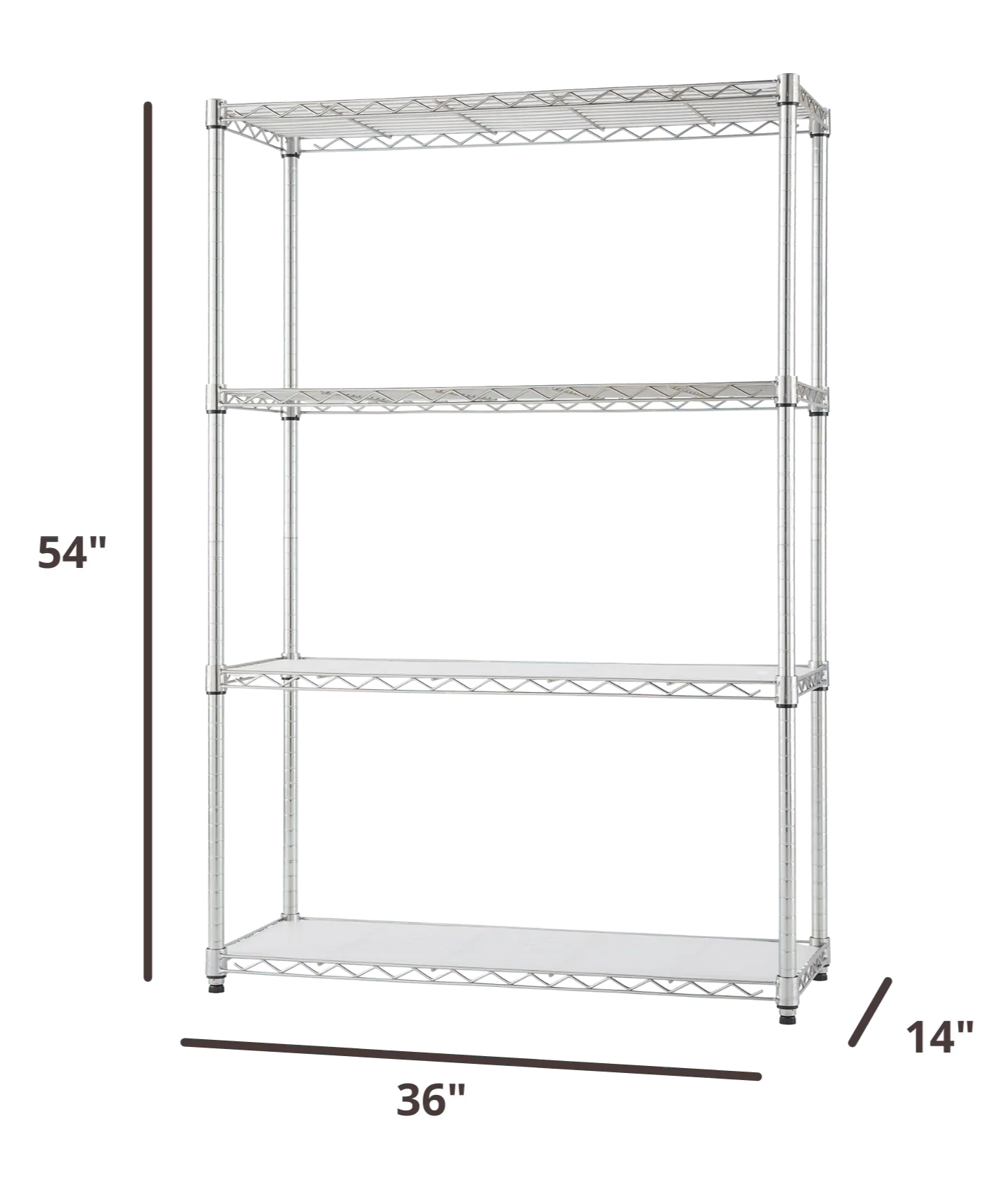 54 inches tall by 36 inches wide chrome wire shelving rack