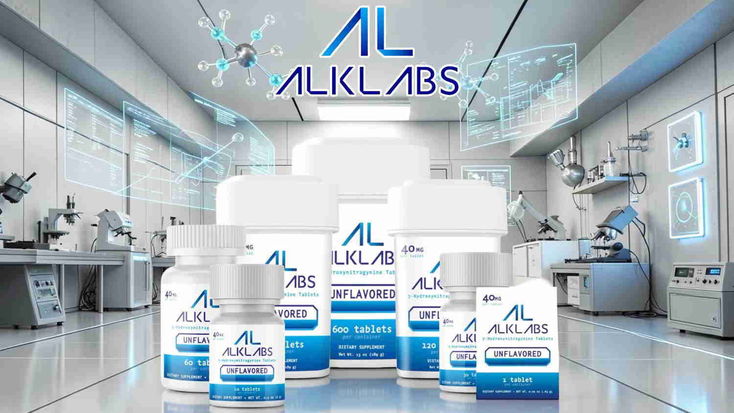 Bottles of ALKLABS products in a laboratory setting.