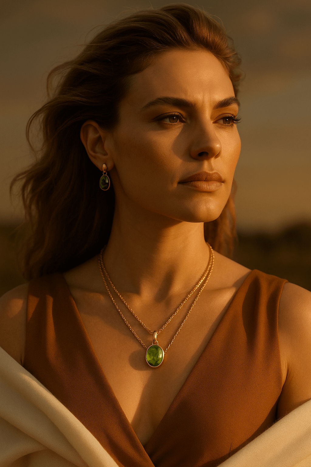 Elegant woman wearing gold jewelry with green peridot pendant and earrings, bathed in warm golden sunset light, gazing confidently into the distance.
