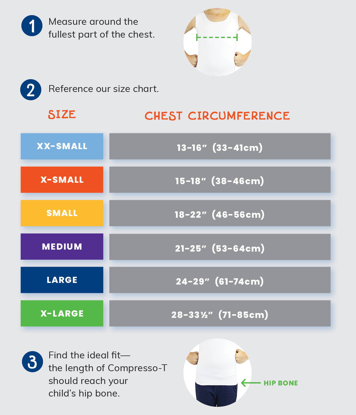 Size chart and guide for SmartKnitKIDS Seamless Compresso-Ts