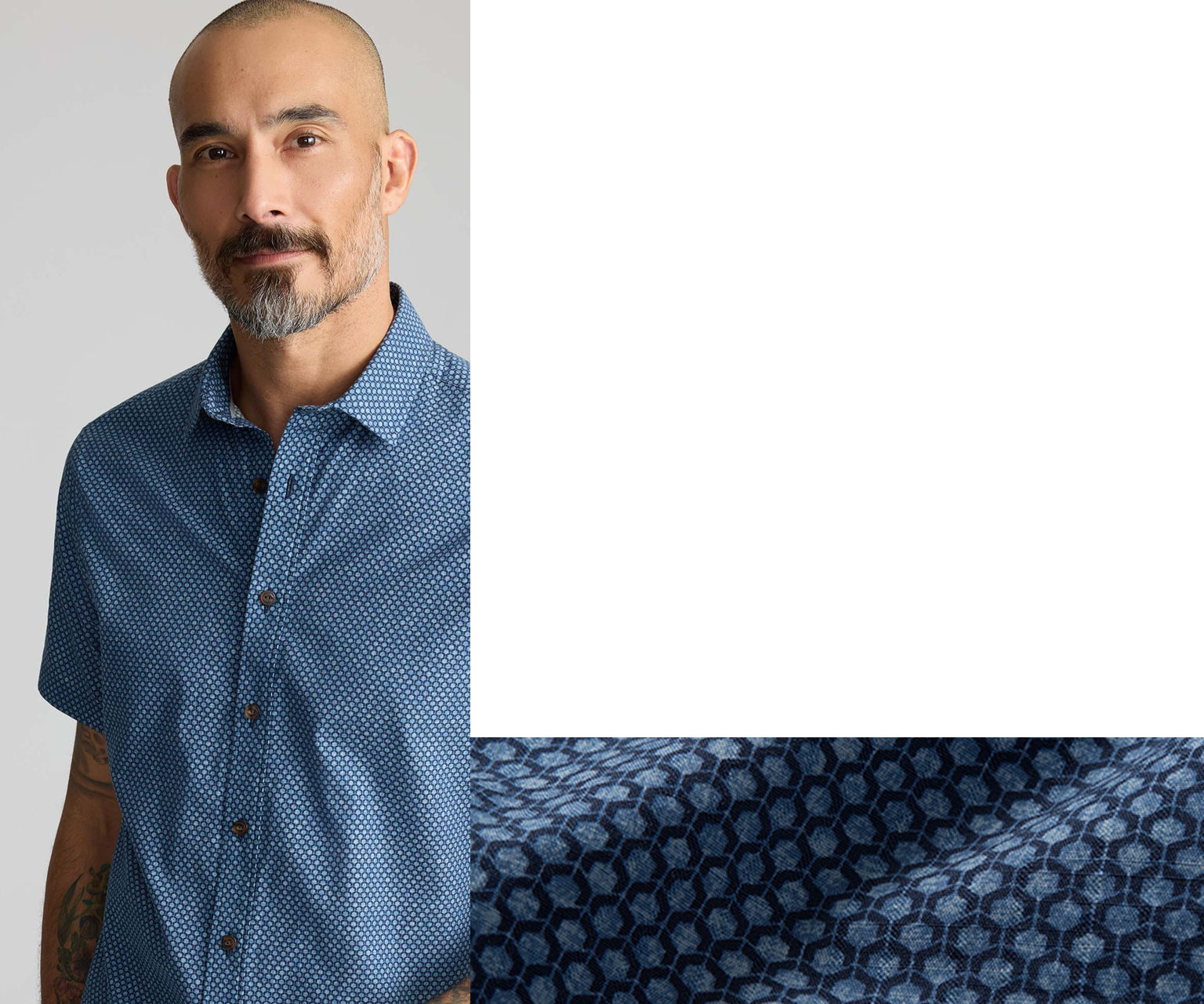 Man in a blue shirt with a patterned fabric swatch.