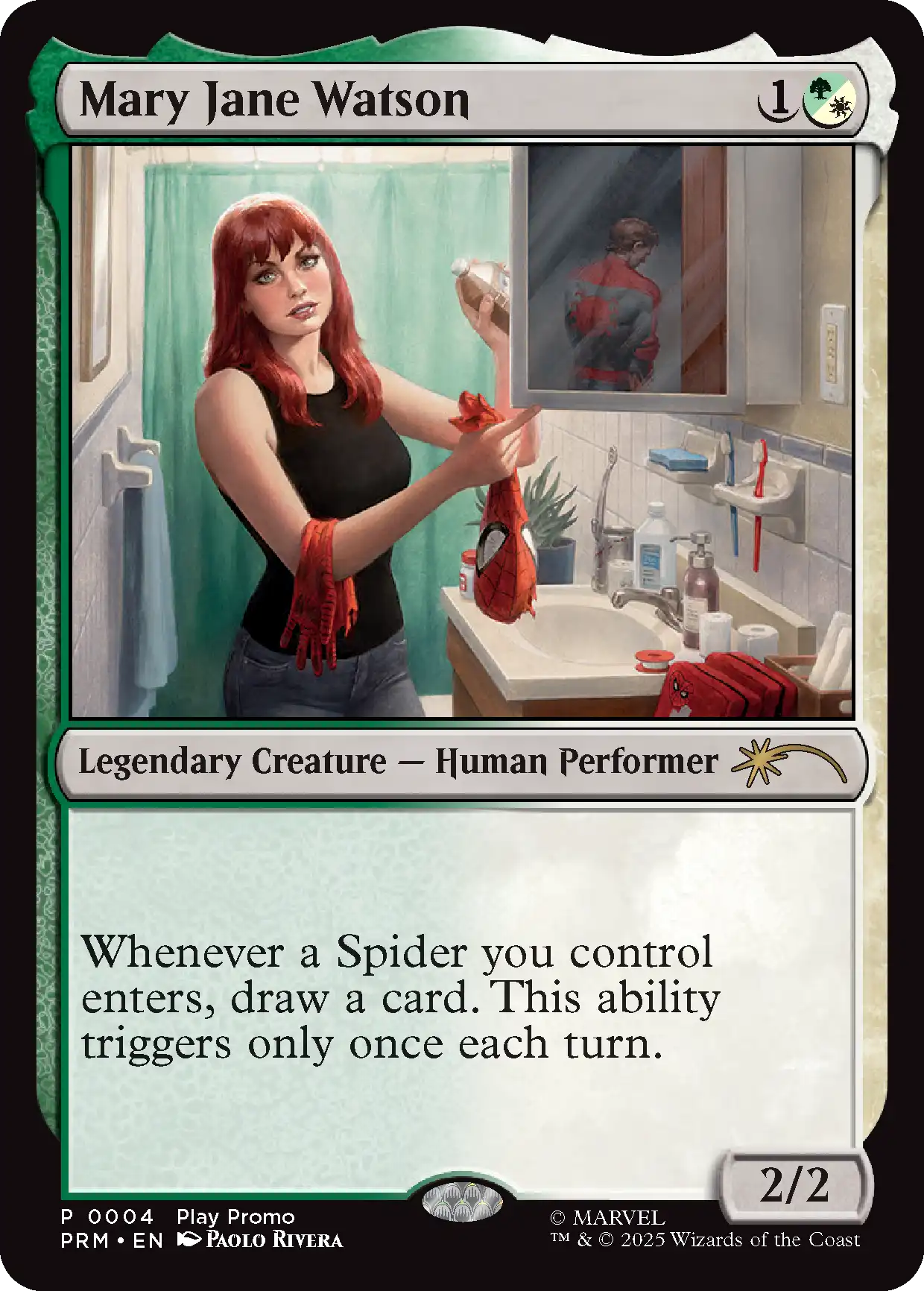 Mary Jane Watson, a performer, in a bathroom holding a red scarf.