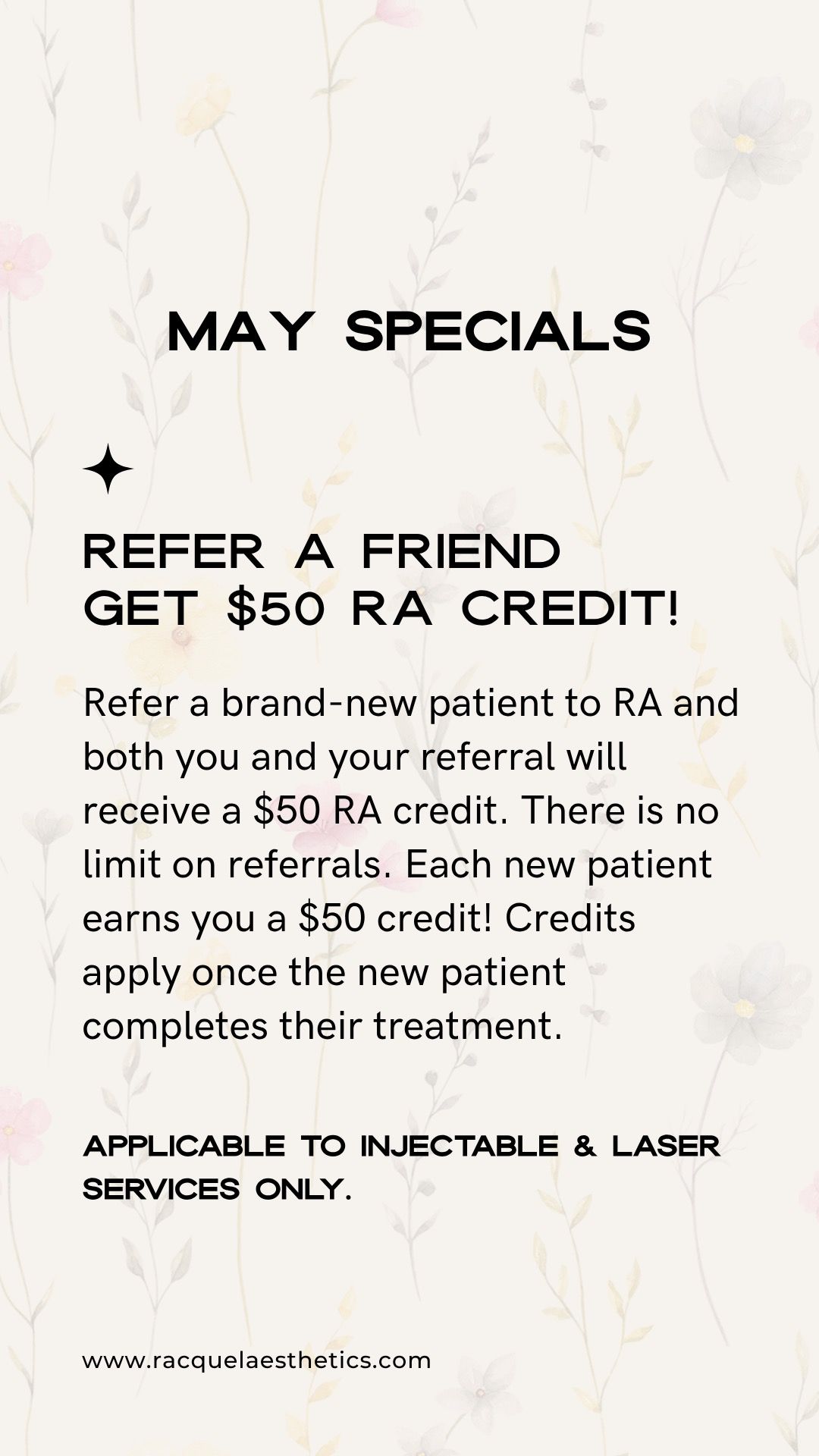 May specials promoting referral credits for new patients at an aesthetic service.