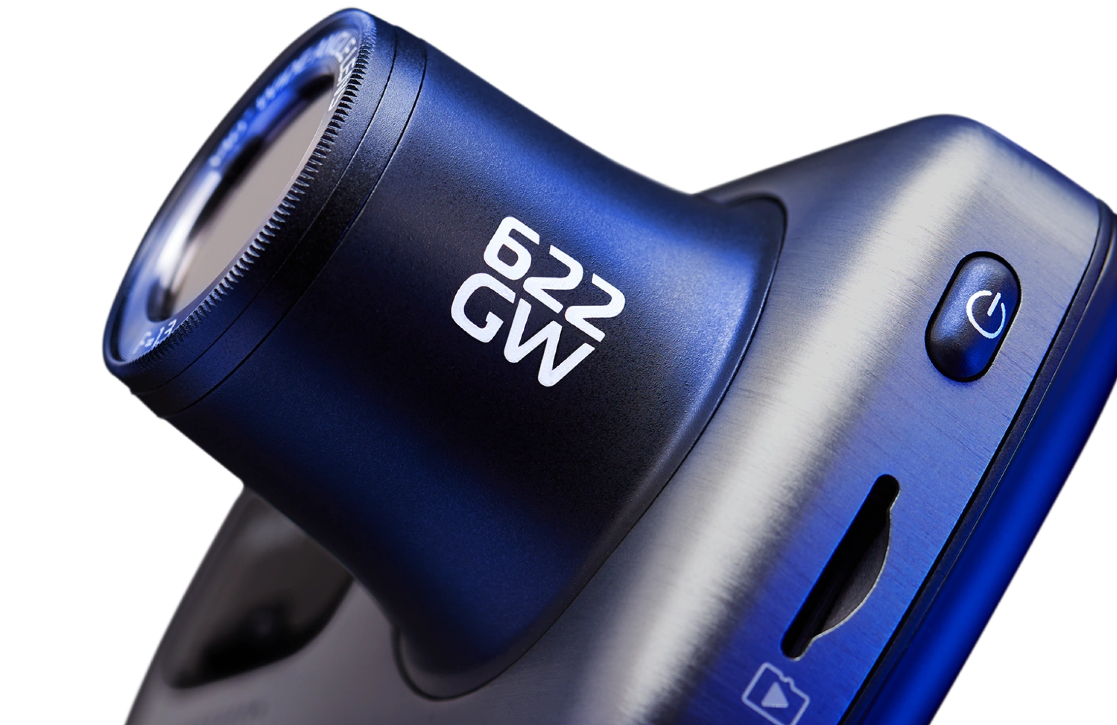 Close-up of a blue camera lens with model number 622 GW.