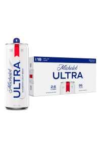 Michelob Ultra beer can next to a pack of 18 cans.