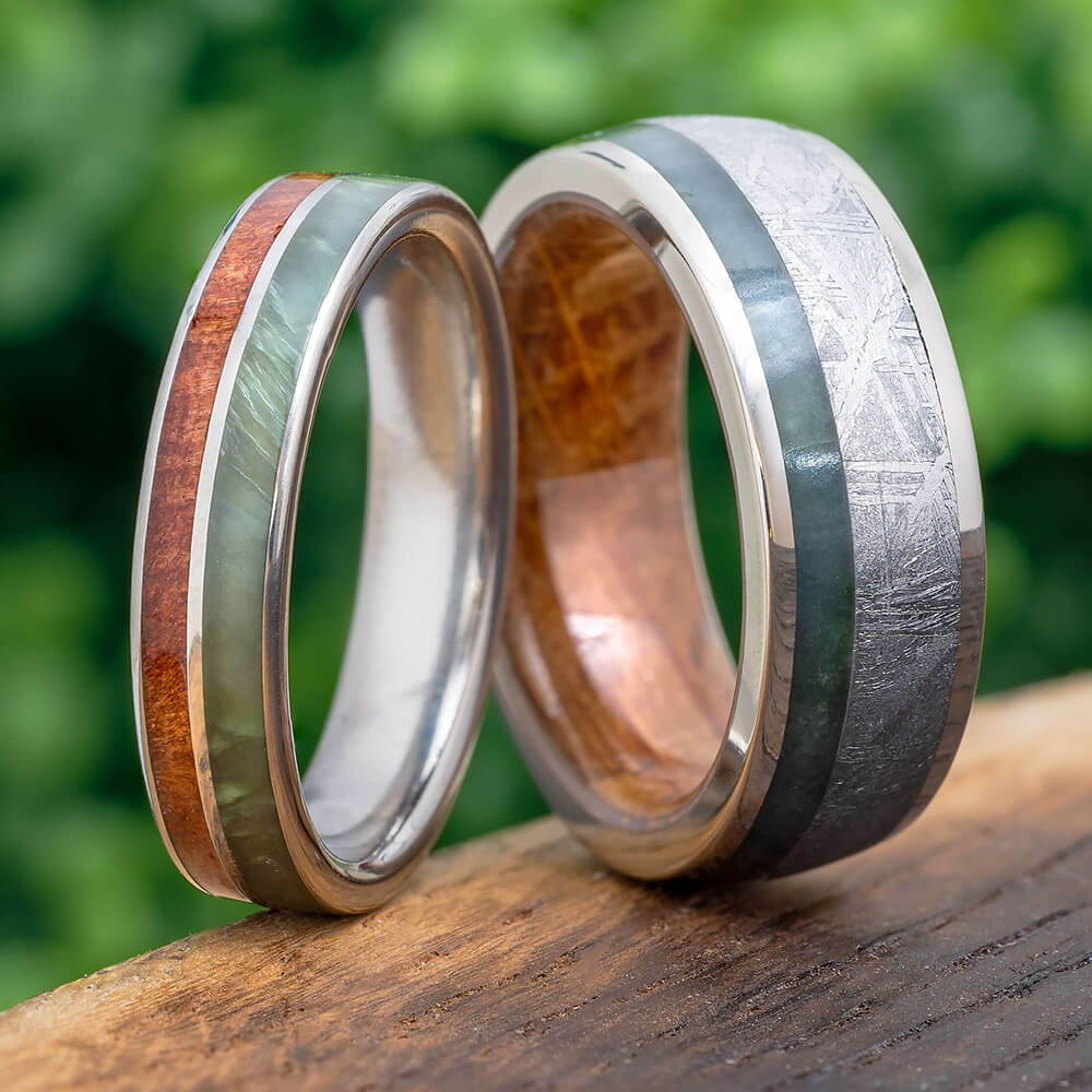Couples Green Jade Rings with Wood and Meteorite