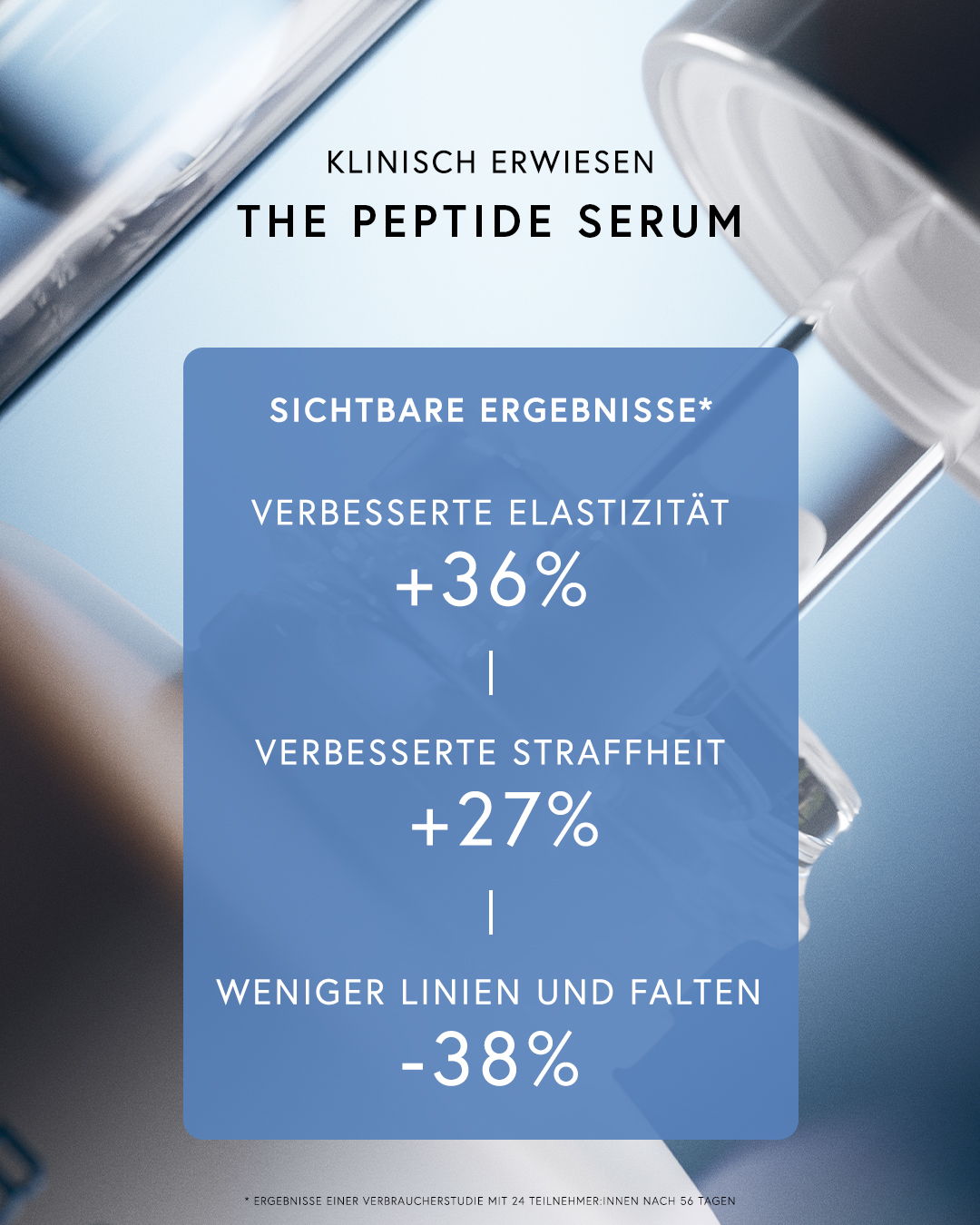 Peptide serum advertisement showing visible results and percentage improvements.