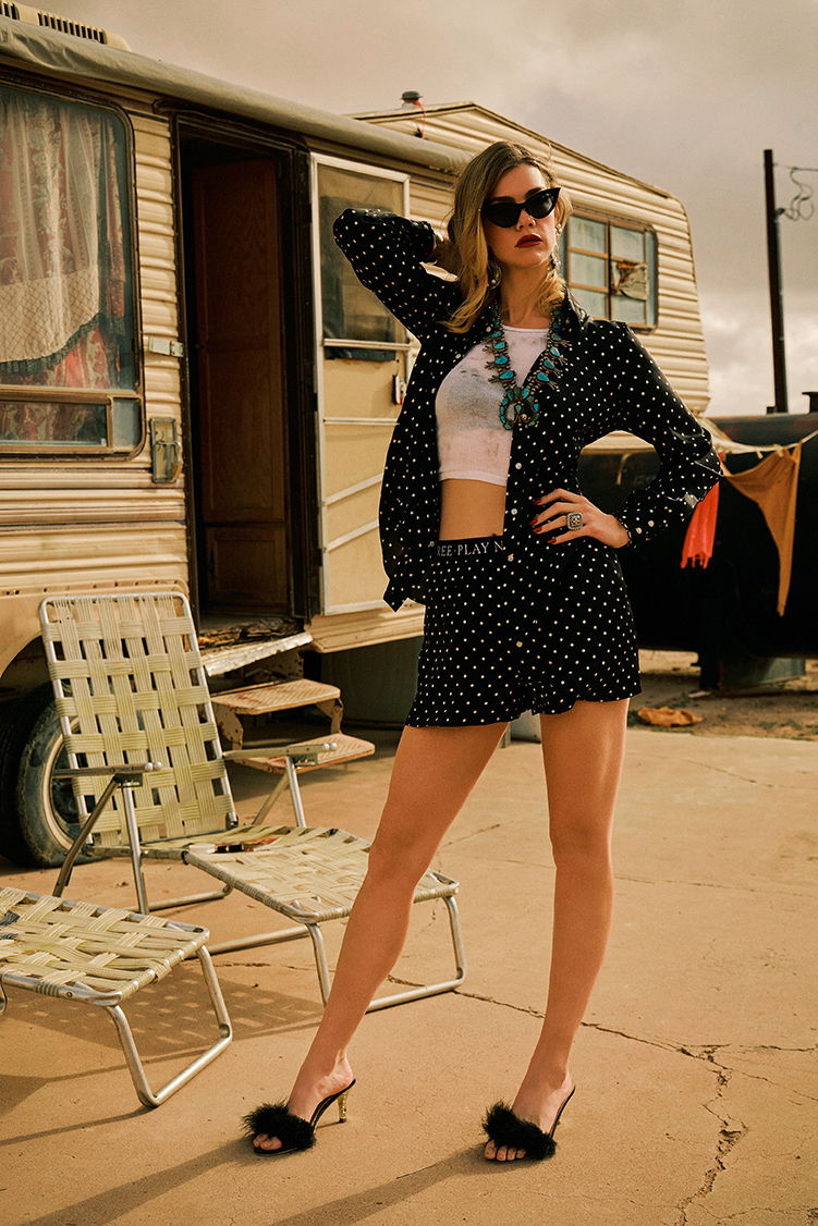 Lozzie wearing the Spew Blouse and Spew Short with Double D Ranch Jewelry and Accessories! 