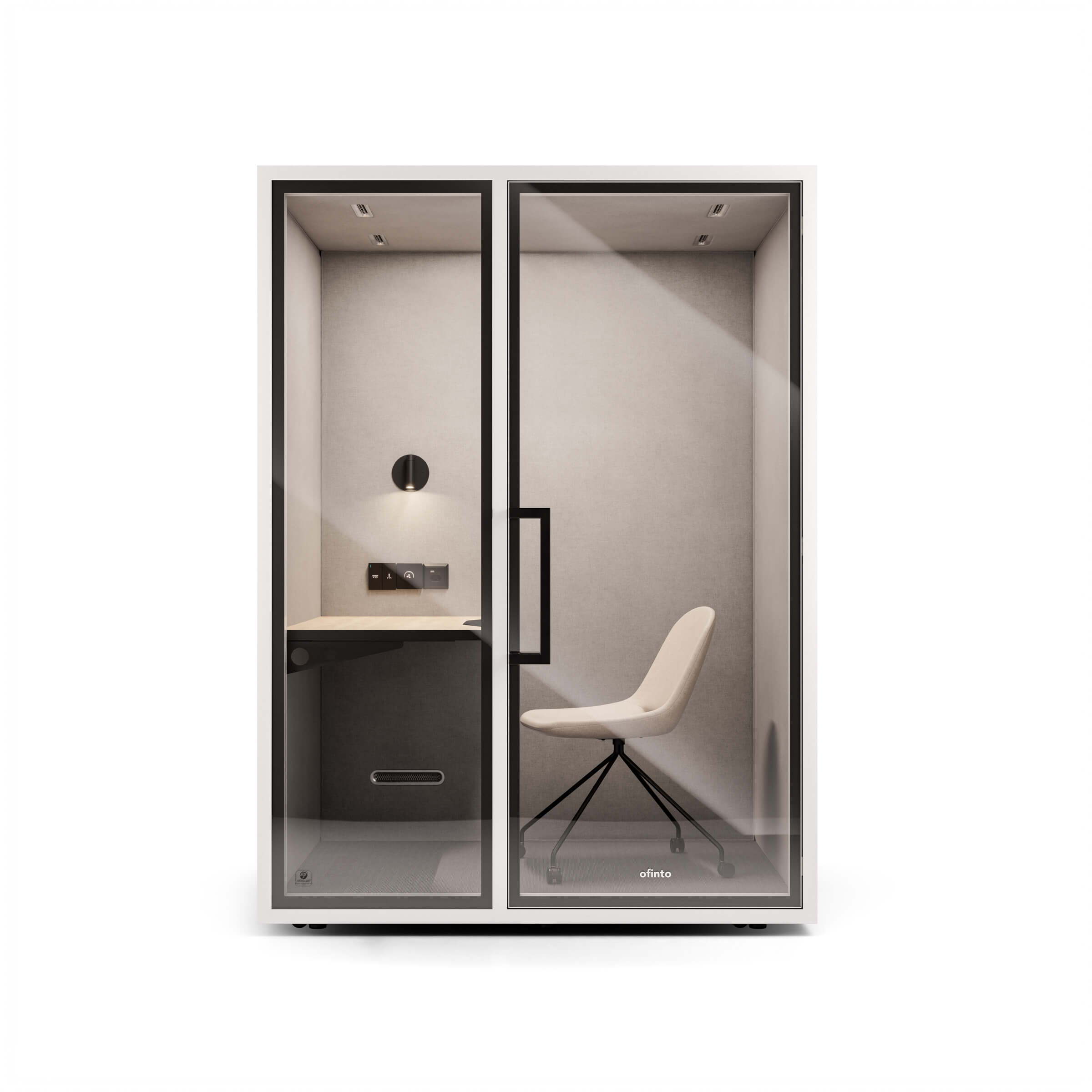 Front view of the ofinto Focus Work phone booth; interior with desk, wall lamp, electrical outlets, and chair