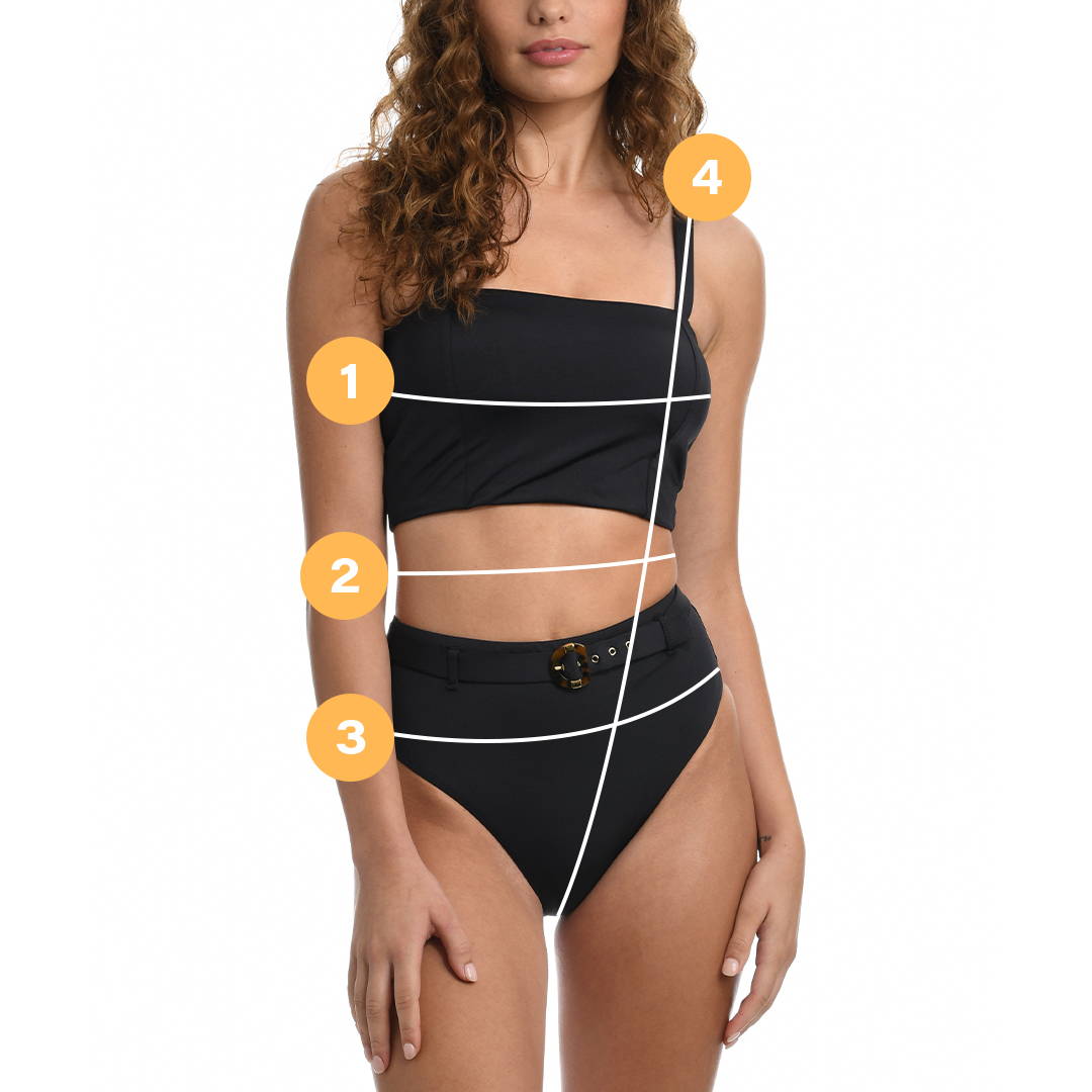 Image of where to measure on your body to find a good swimsuit fit. There is a model standing wearing a black bikini and swimsuit bottoms.