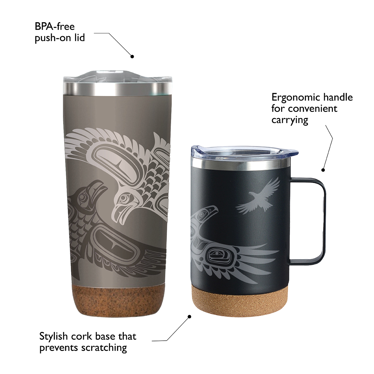 Cork Base Travel Mug diagram showing BPA-free push-on lid, double-wall insulation, 304 stainless steel interior, and natural cork base