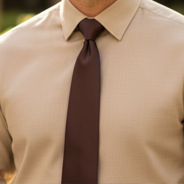 Man wearing a tan dress shirt with a brown tie