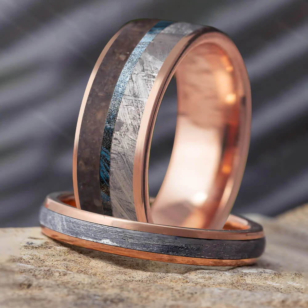 Meteorite and Rose Gold Ring Set for Couples