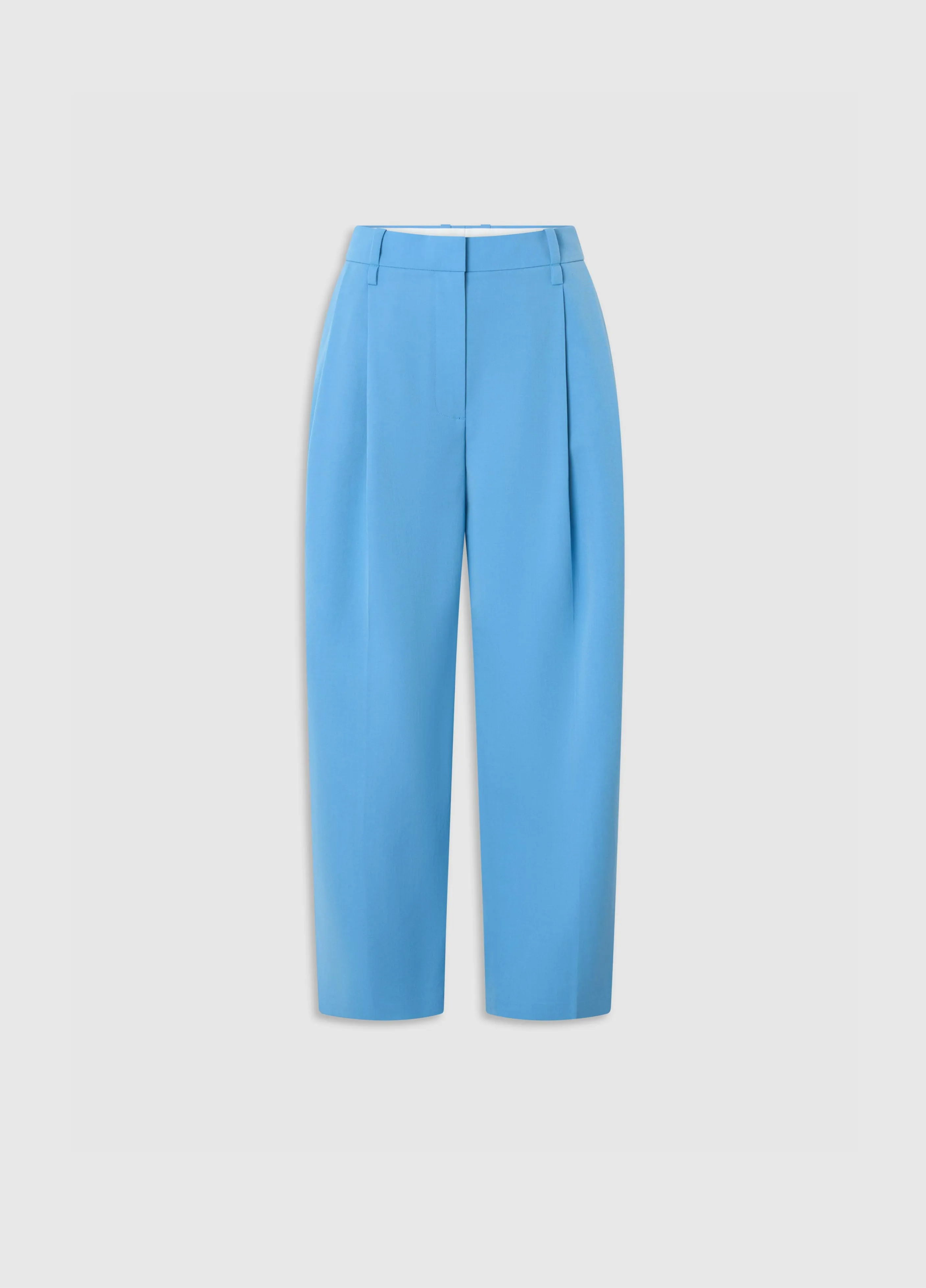 Light blue trousers with a relaxed fit and front pleats.