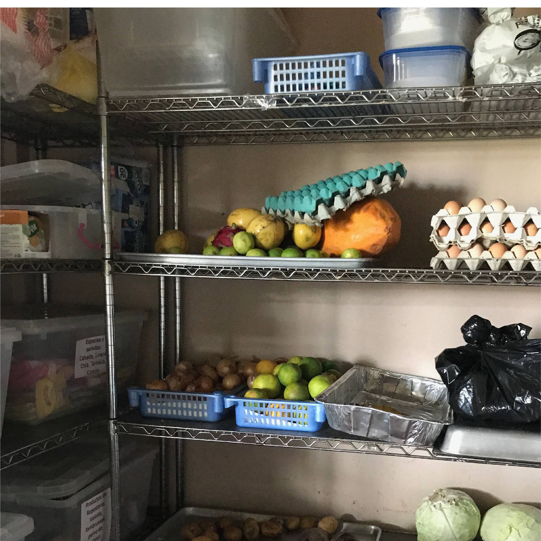 A wire rack used to store food at a Nicaraguan orphanage is full of fresh fruits and produce and eggs.