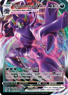 pokemon tcg sets in order - Grimmsnarl VMAX card featuring G-Max Drill attack and colorful background.