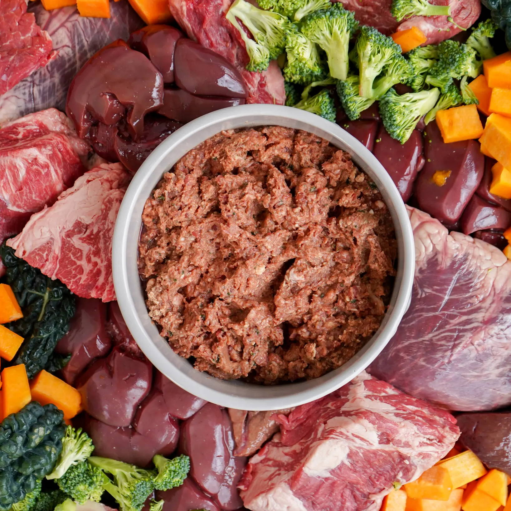 Bowl of raw dog food ground up with fresh ingredients surround bowl.