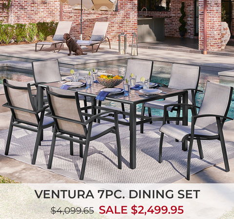 Ventura 7-piece dining set by a pool with promotional pricing.