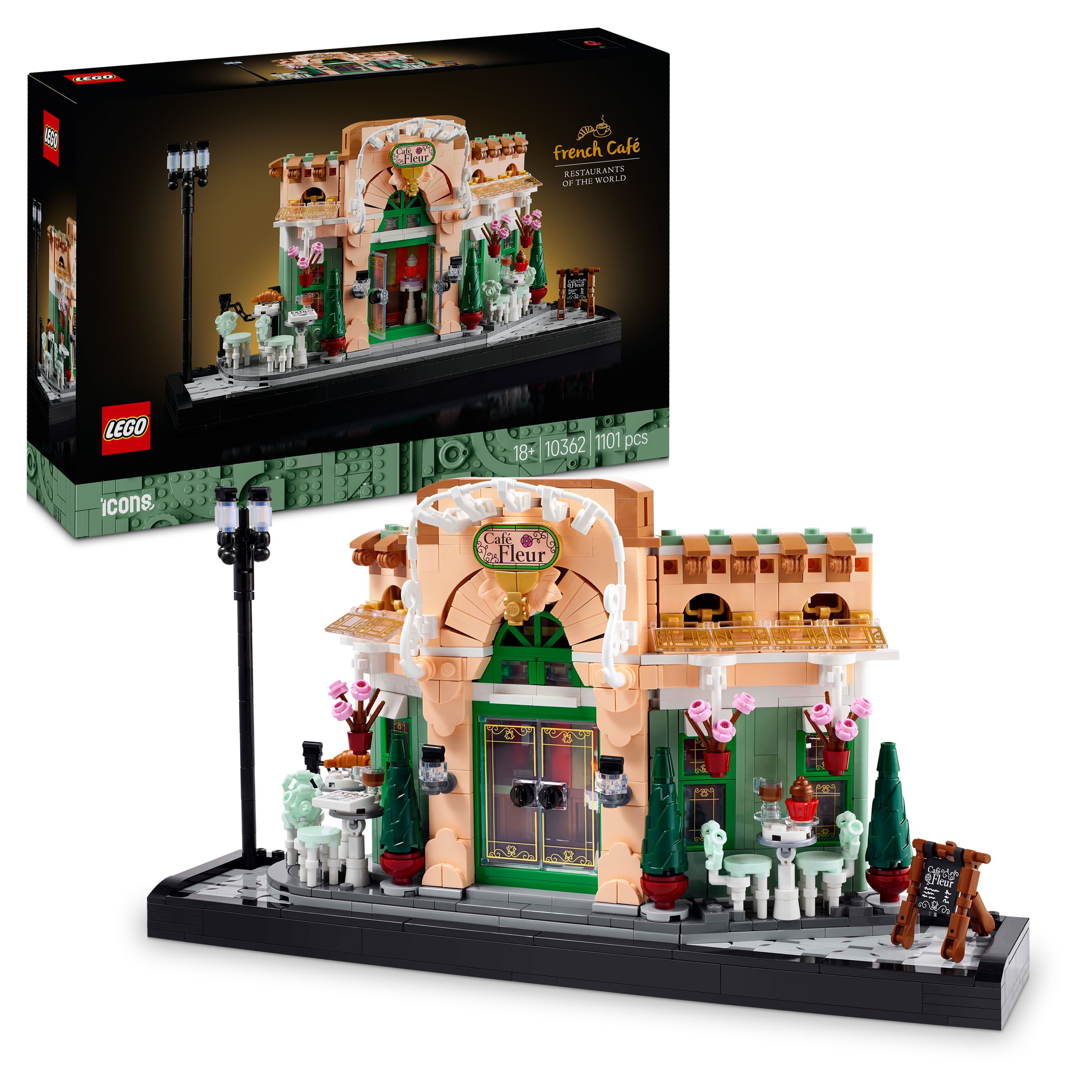 LEGO café model with packaging and outdoor seating area.