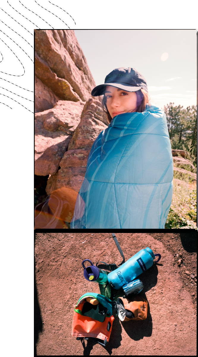 Nicole using the Nanoloft® Travel Blanket in Mist Blue on a climbing trip