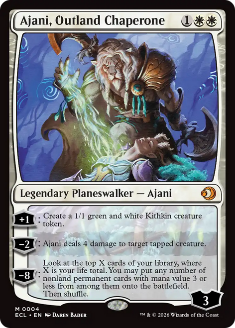 Ajani, Outland Chaperone card with abilities and artwork.