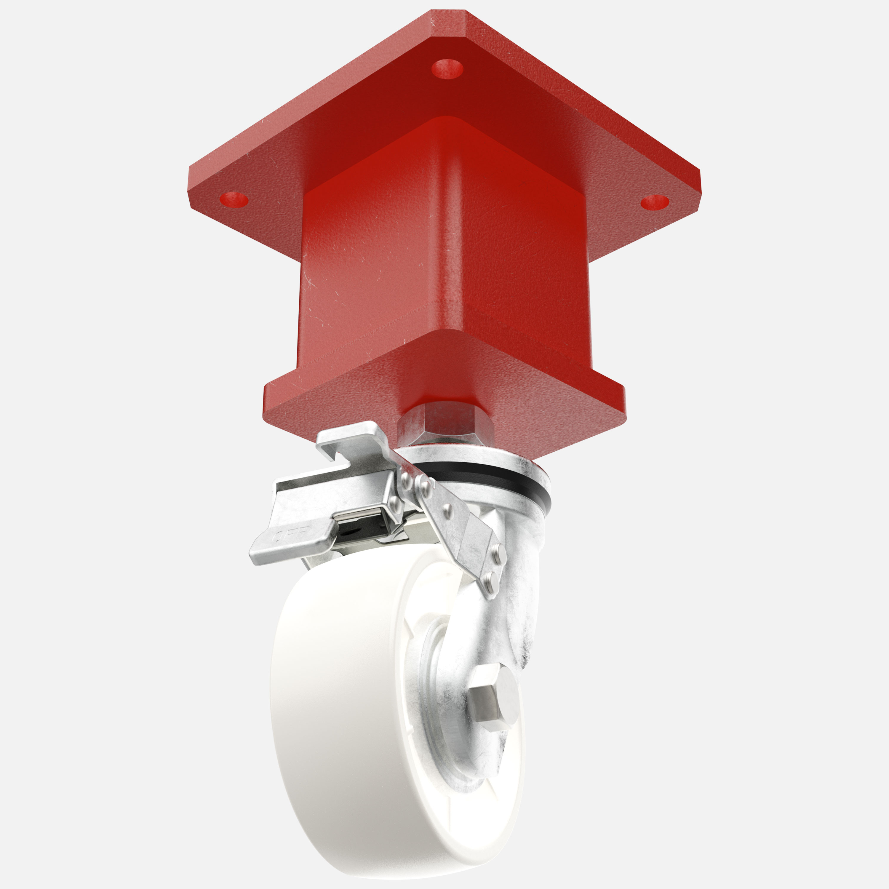 Red swivel caster with a white wheel and mounting plate.