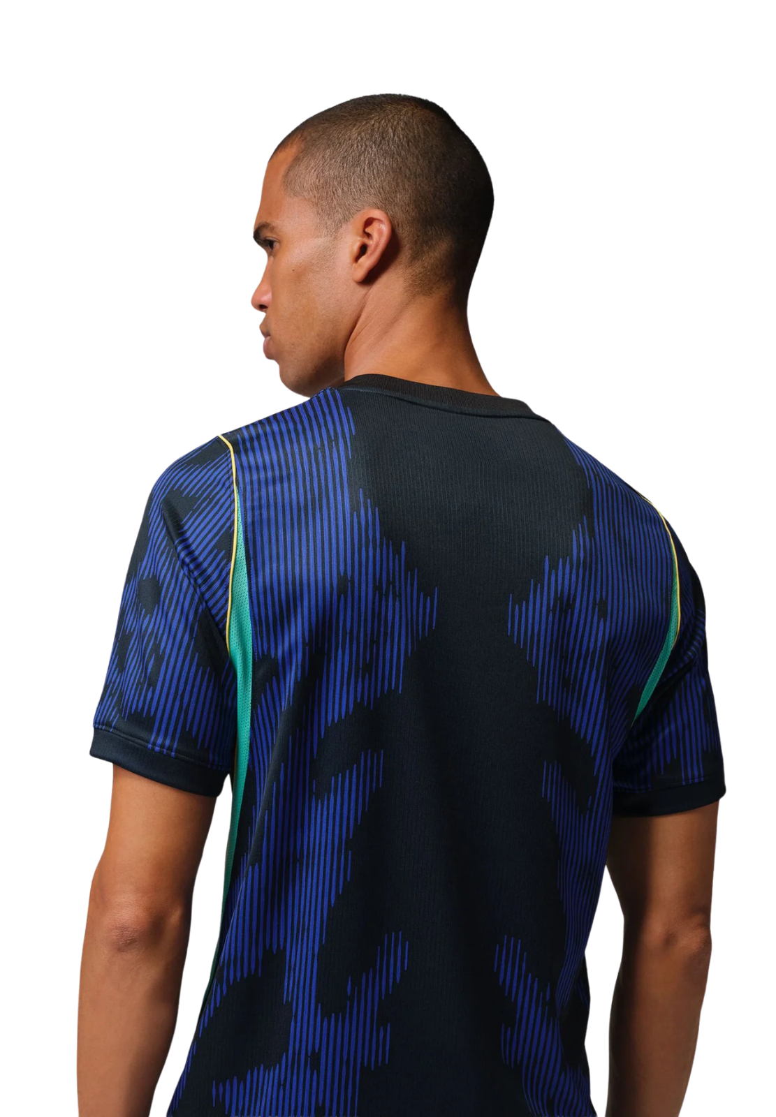 Male athlete wearing a Brazil soccer jersey with a blue design.