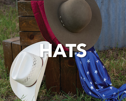 Two hats displayed with a colorful background, featuring the word 