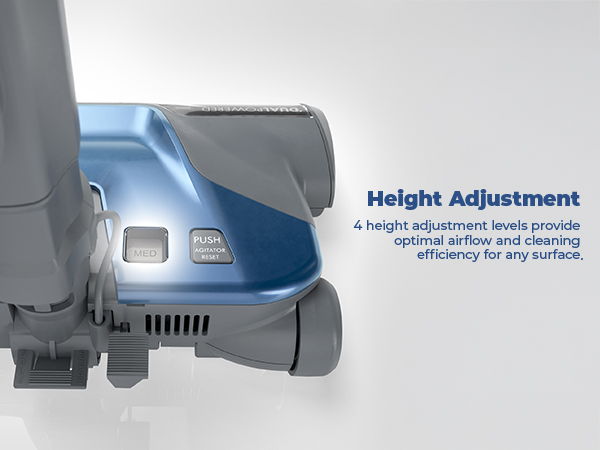 Vacuum cleaner with height adjustment feature for efficient cleaning on various surfaces.