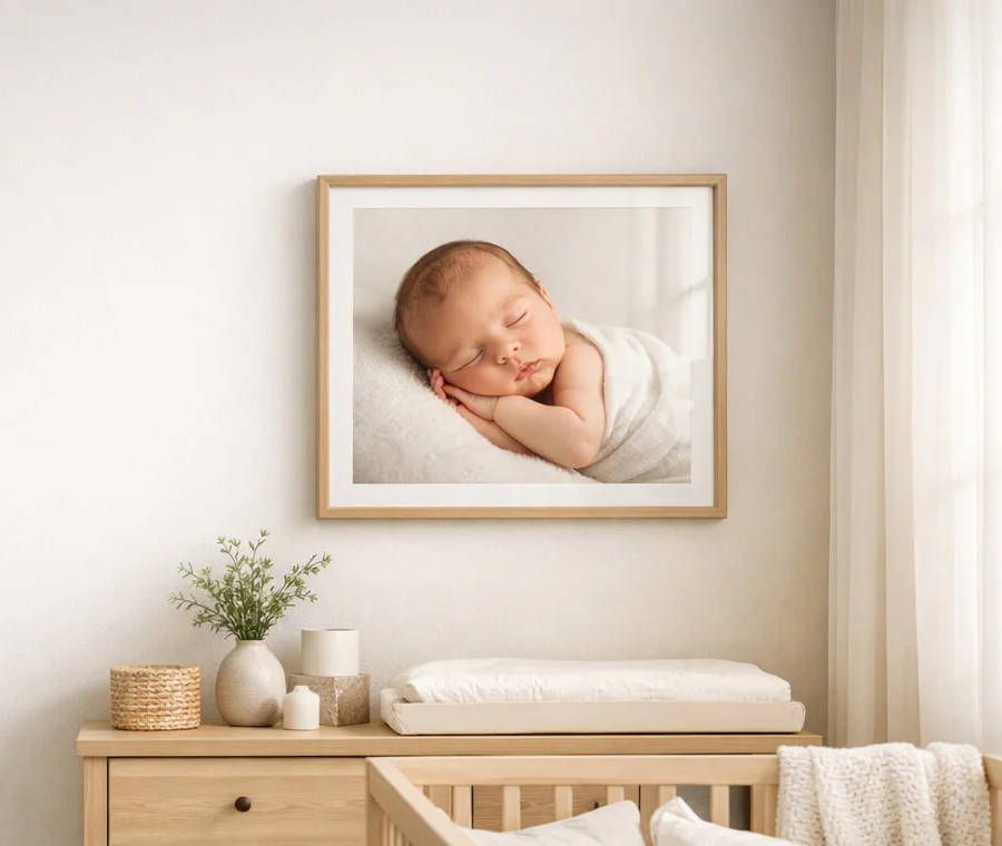 A cozy nursery with a framed baby photo and wooden furniture.